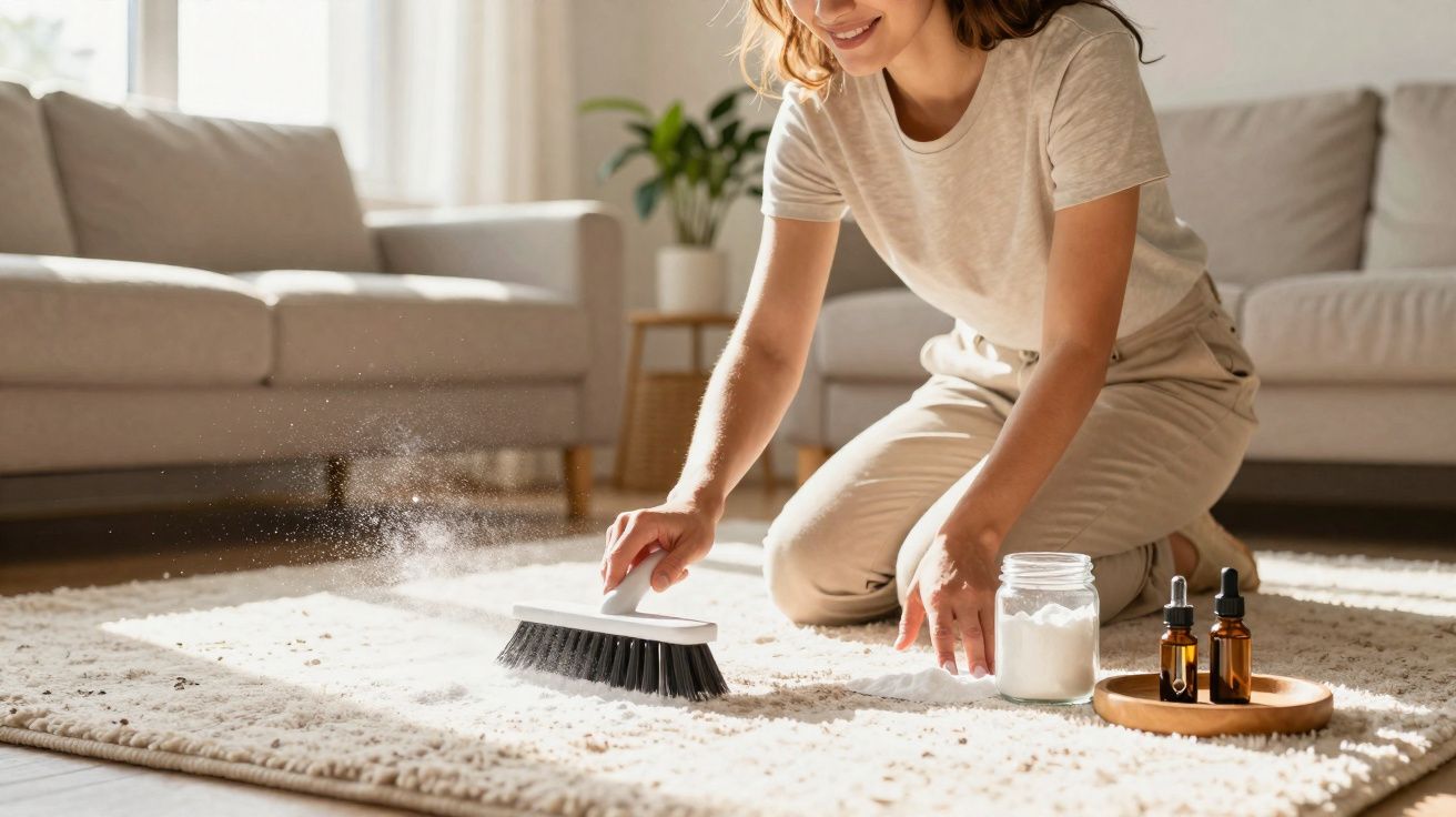 Mulher limpa tapete branco com escova, ao lado de potes de ingredientes naturais, num ambiente luminoso e acolhedor.
