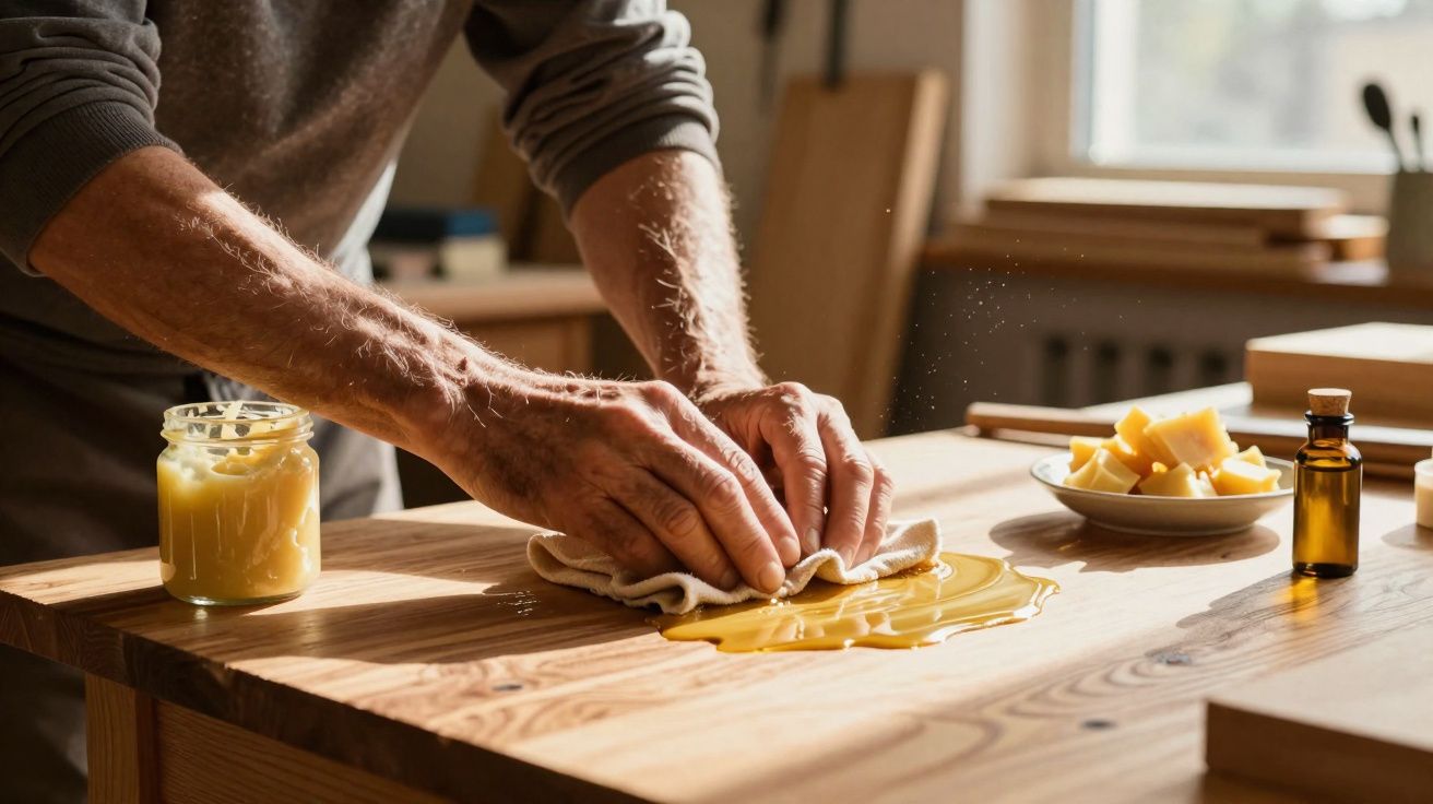 Mãos a aplicar cera amarela numa superfície de madeira com pincel e pedaços de cera ao lado.