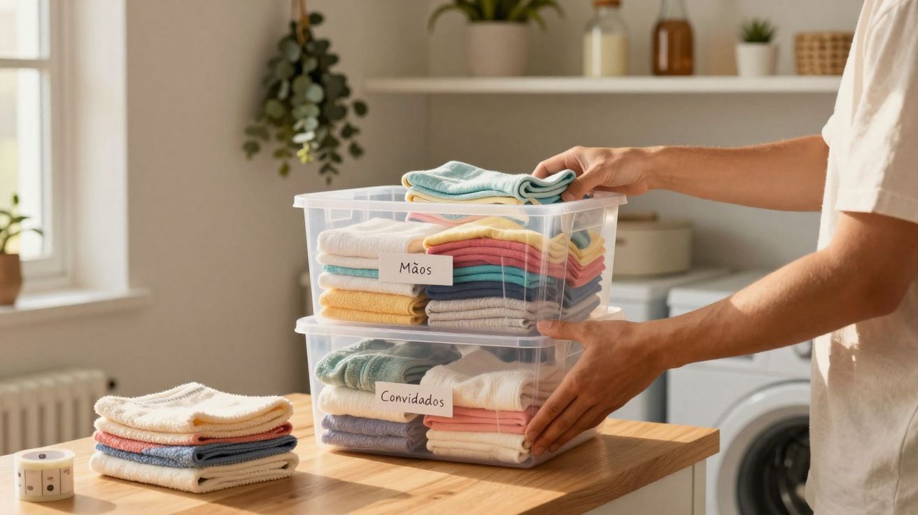 Mãos organizam caixas transparentes com toalhas etiquetadas "Mãos" e "Convidados" numa mesa de madeira.
