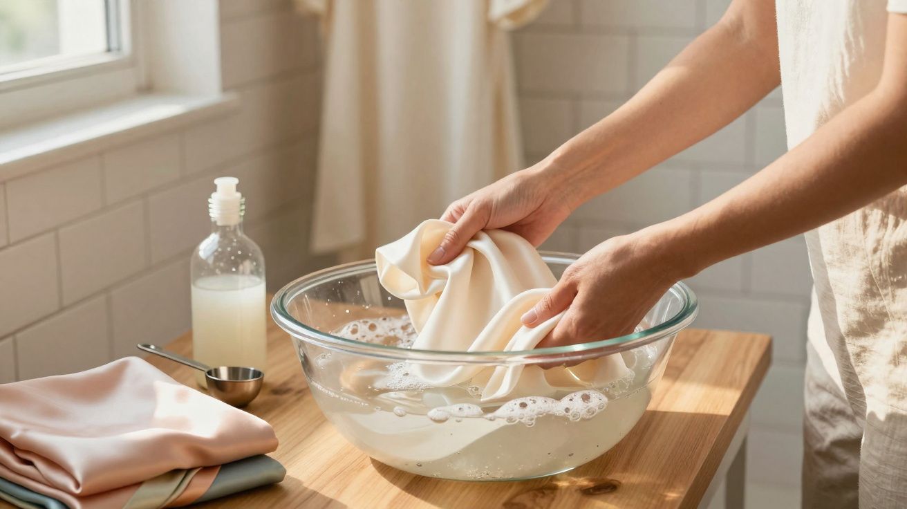 Pessoa a lavar roupa branca à mão numa taça de vidro com sabão num ambiente iluminado.