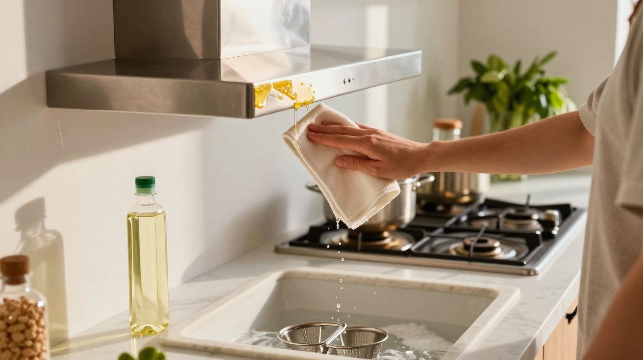 Pessoa a limpar óleo derramado numa coifa de cozinha moderna com pano branco, ao lado de fogão e bancada.