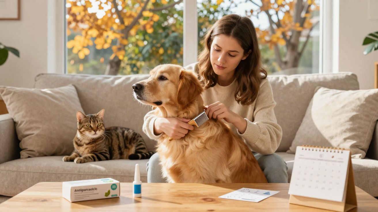 Mulher a pentear um cão dourado num sofá com um gato sentado ao lado, junto a calendário e medicação.