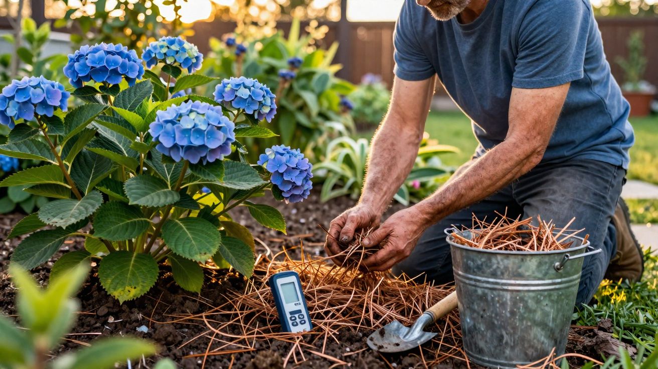 Homem a colocar cobertura vegetal de ramos secos numa cama de flores com hortênsias azuis.