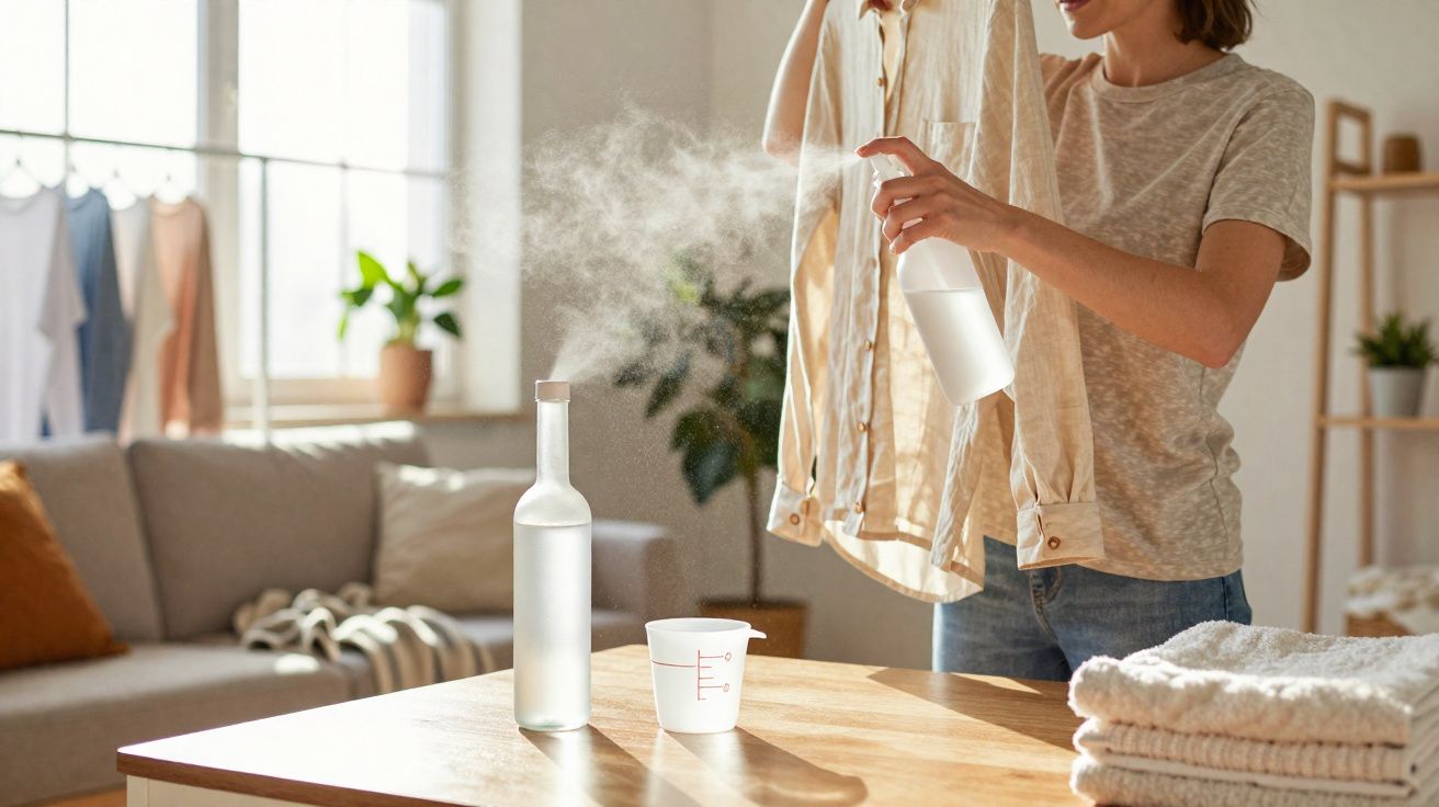 Mulher a borrifar camisa com solução caseira em sala iluminada e organizada com roupas e toalhas dobradas.