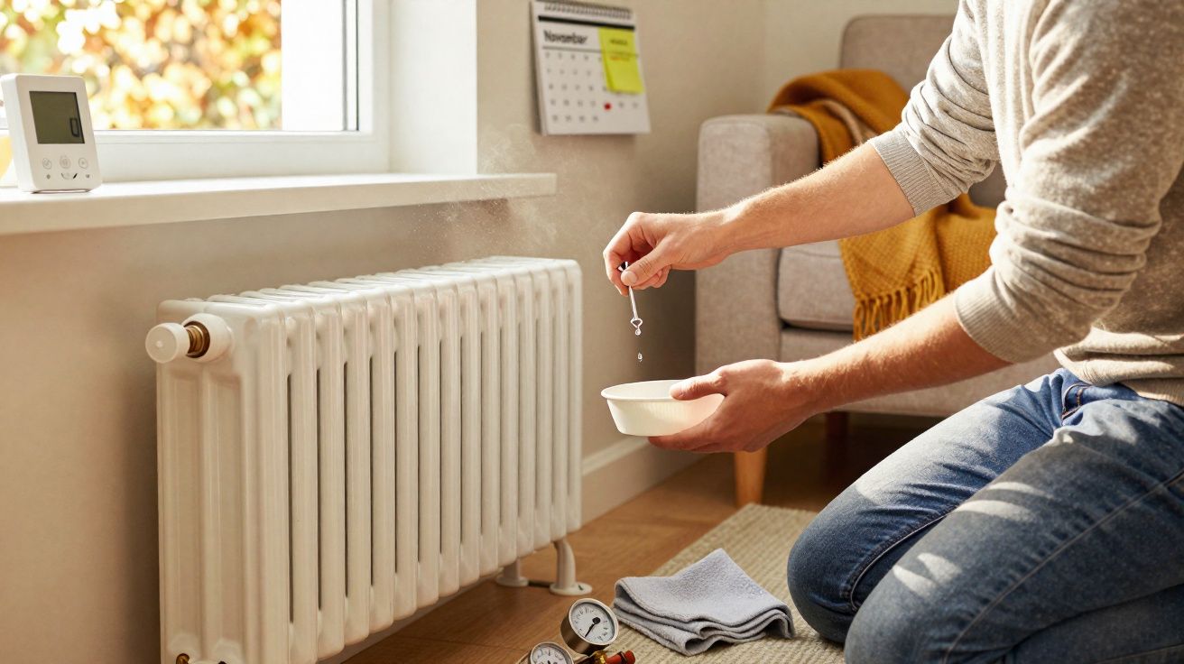 Pessoa a extrair ar de um radiador branco dentro de uma sala com sofá e termóstato na parede.