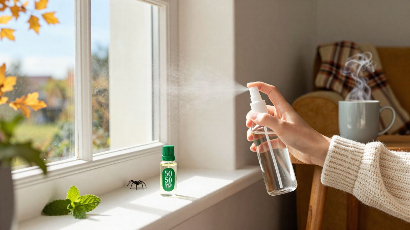 Pessoa a pulverizar repelente numa aranha numa janela com sol, planta e chá quente ao fundo.