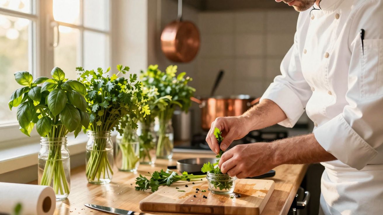 Chef a cortar ervas frescas numa cozinha iluminada pela luz natural junto a várias ervas em frascos de vidro.