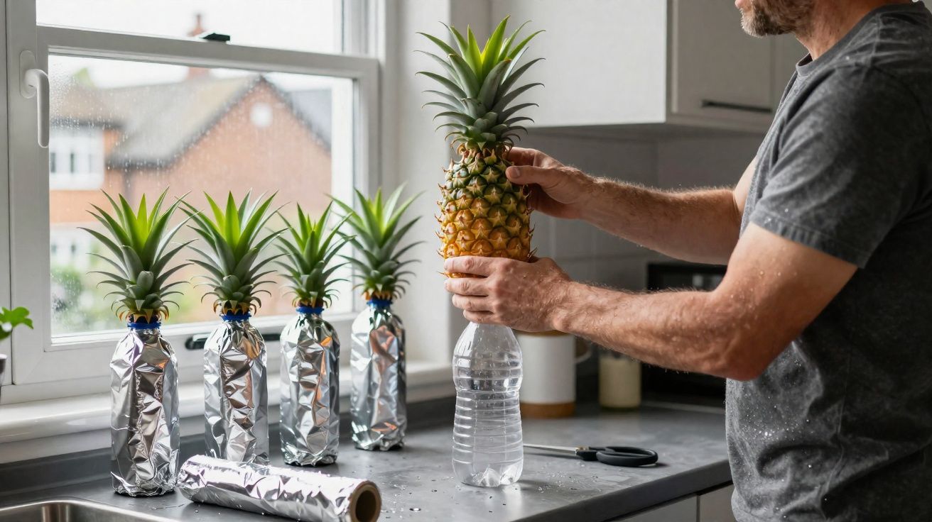 Homem insere topo de ananás em garrafa de plástico numa cozinha junto a janela.