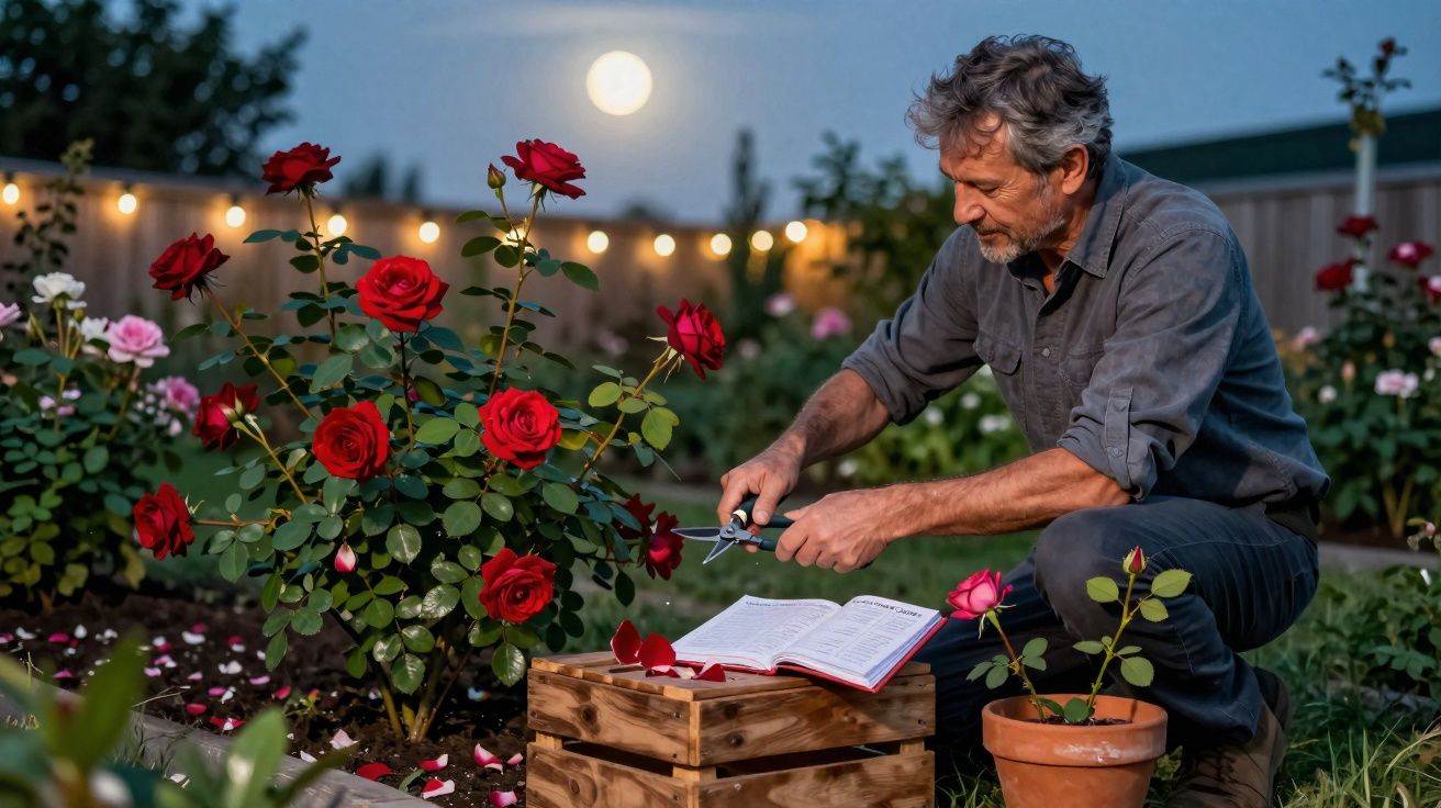 Homem a podar rosas num jardim à noite com lua cheia e livro aberto sobre caixa de madeira.