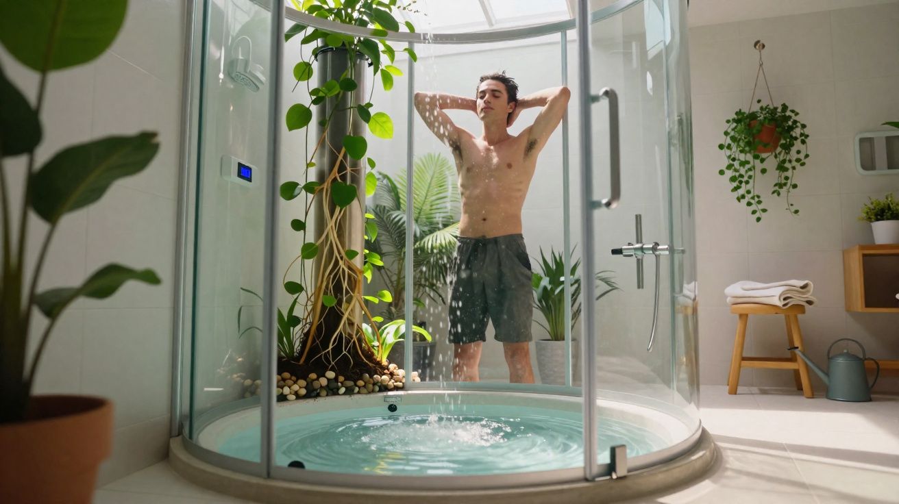 Homem a tomar duche numa cabine de vidro numa casa luminosa com plantas e decoração moderna.