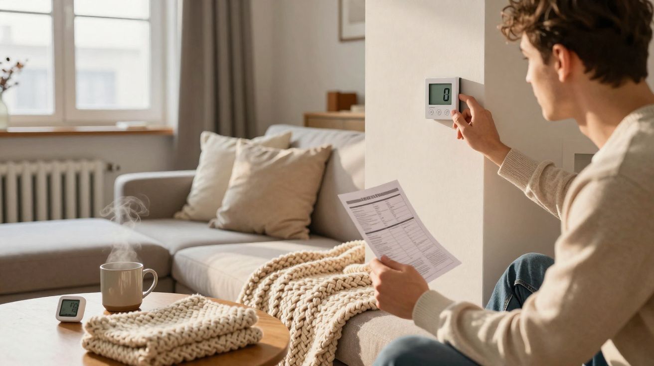 Homem ajusta termóstato na sala acolhedora com chá quente, mantas e faturas na mão.
