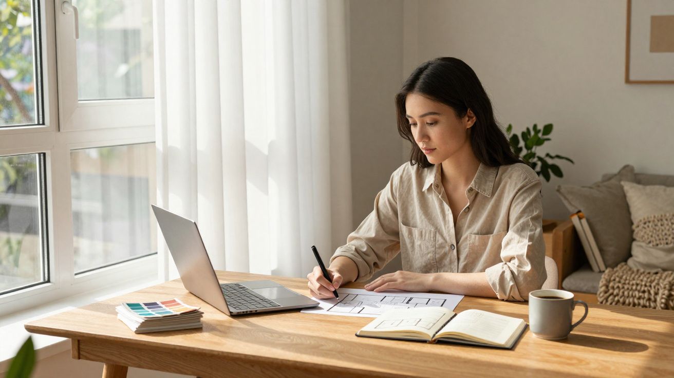 Mulher jovem a trabalhar em design gráfico com portátil e esquemas numa mesa junto à janela iluminada.