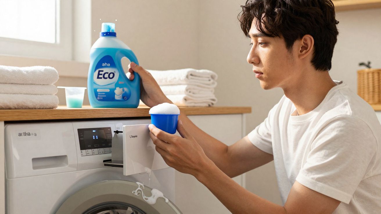 Homem a preparar detergente líquido para lavar roupa numa lavadora branca, com toalhas dobradas ao fundo.