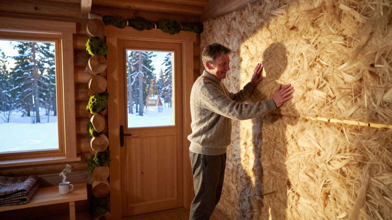 Homem dentro de cabana de madeira sente parede isolada com palha, janela mostra paisagem de neve.