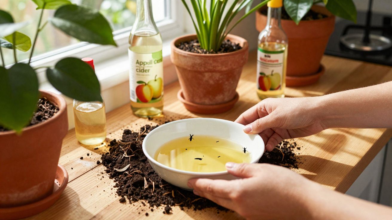 Mãos seguram tigela com líquido amarelo e insetos mortos, ao lado de terra e plantas em vasos.