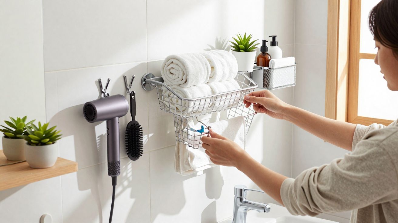 Pessoa a organizar toalhas e produtos num suporte de parede numa casa de banho luminosa.