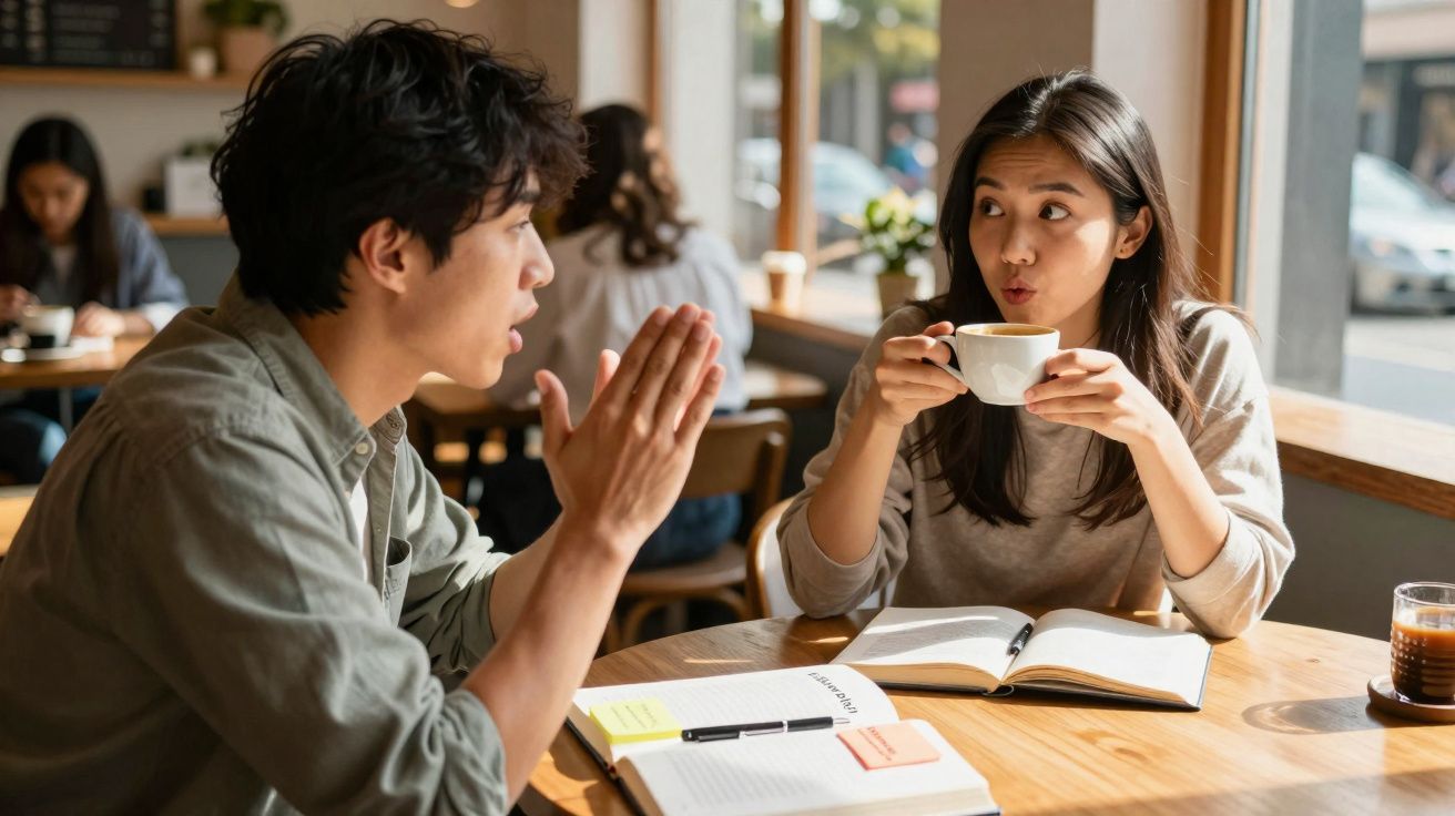 Dois jovens conversam enquanto tomam café numa cafetaria com livros abertos à frente.
