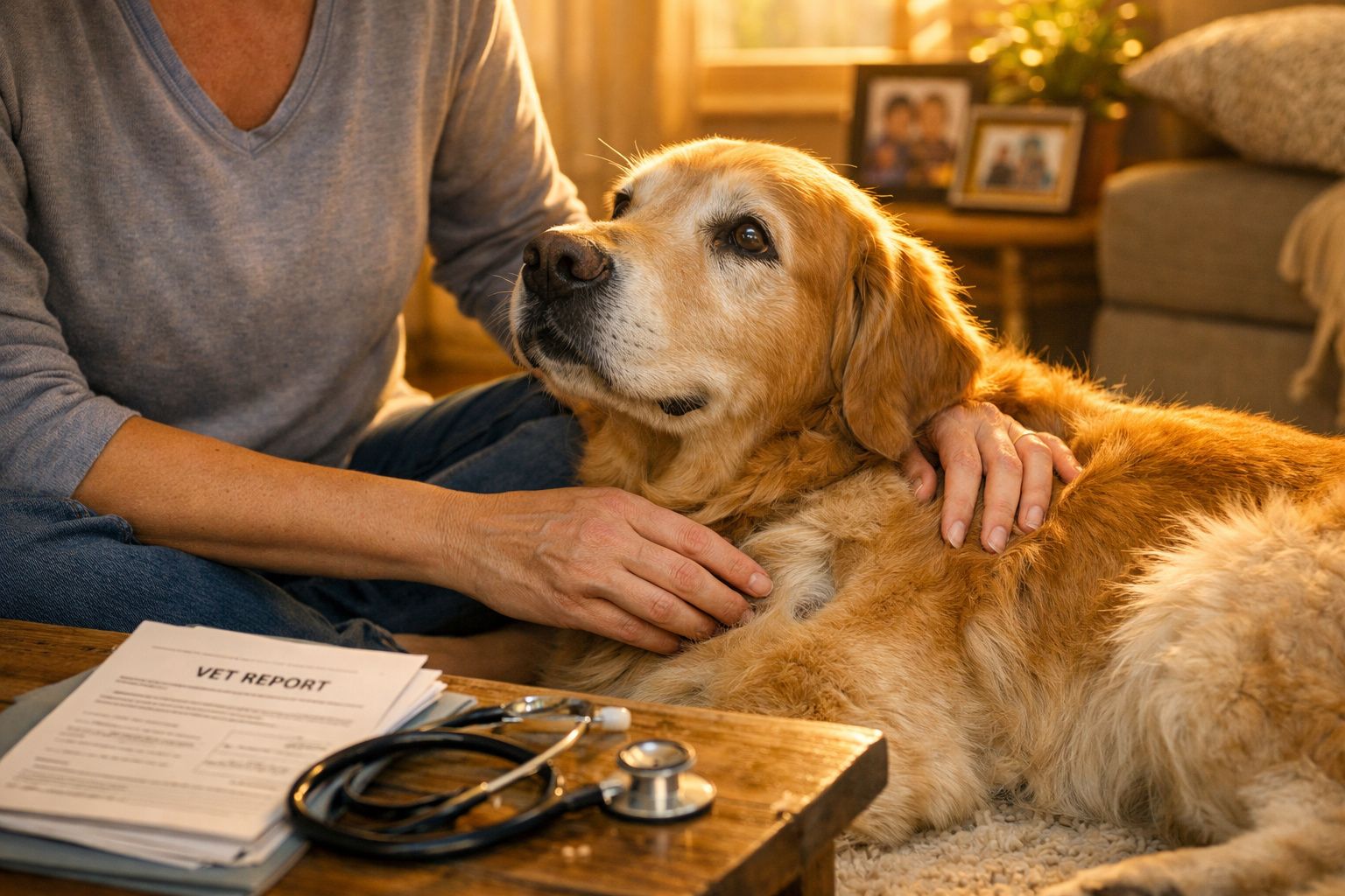 Pessoa a confortar um cão golden retriever com relatórios veterinários e estetoscópio numa mesa.