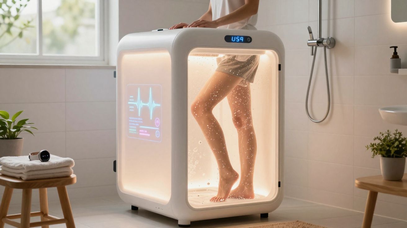 Pessoa dentro de uma cabine de ducha futurista transparente com ecrã digital num ambiente de casa de banho.