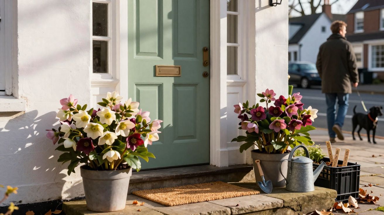 Entrada de casa com porta verde, vasos de flores coloridas e pessoa a passear cão na rua.